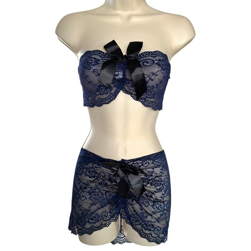 Women's Sexy Strapless Top w/Ruched Mini Skirt Babydoll Lace Lingerie Sz XL Navy